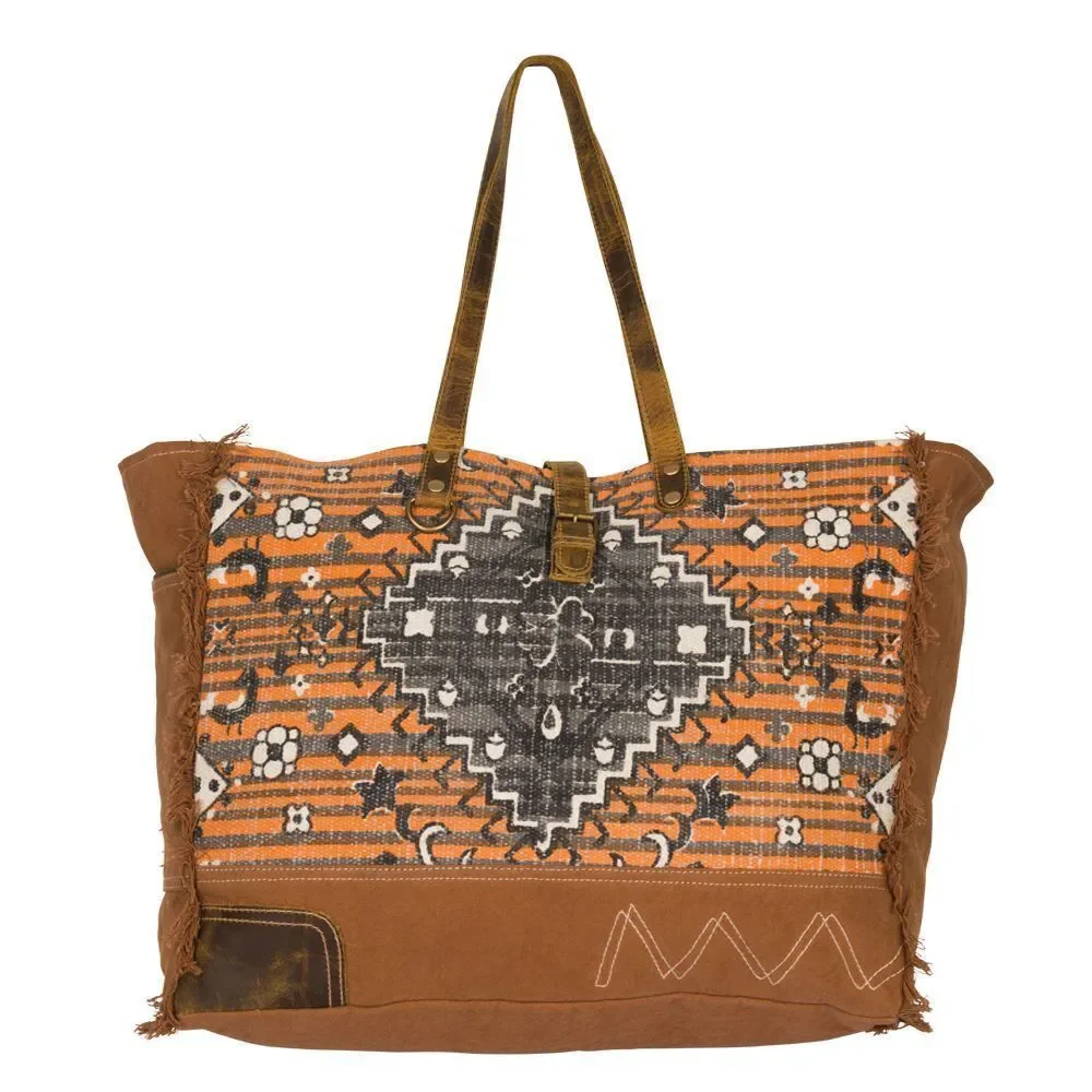 Myra Bag Handmade Rust Weekender Bag Upcycled Canvas & Cowhide Leather